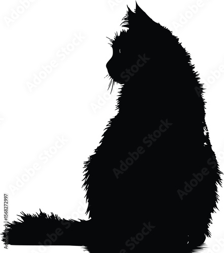 Elegant black cat vector silhouette, pensive profile view.