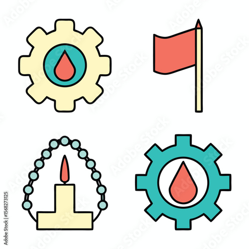 Four icons gear flag candle rosary beads cogwheel