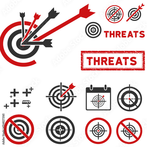 An illustration displays target symbols with arrows, indicating objectives, threats, and precision targeting in red and black colors.