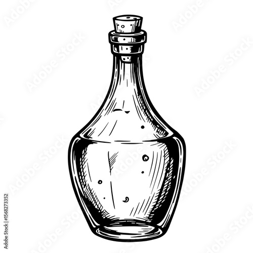 Elixir in Bottle: A meticulously detailed drawing of a clear liquid in a vintage glass bottle, sealed with a cork stopper. The illustration shows an elegance and timeless aesthetic.