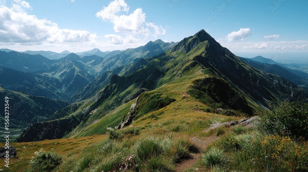 Fototapeta premium Mountain Ridge Path with Grassy Slopes and Distant Peaks