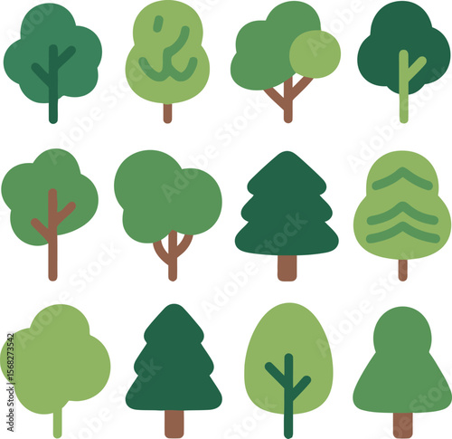 Adorable green tree illustrations show stylized botanical elements in different shapes and tree types for natural designs.