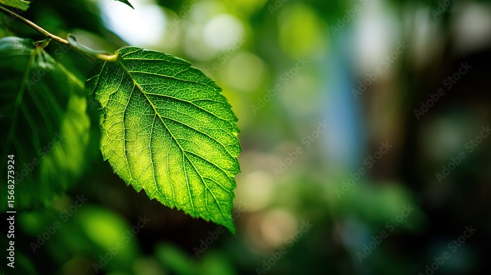 Vibrant green leaf bathed in sunlight, a serene moment of nature's delicate beauty Vibrant green leaf bathed in sunlight, a serene moment of nature's delicate beauty