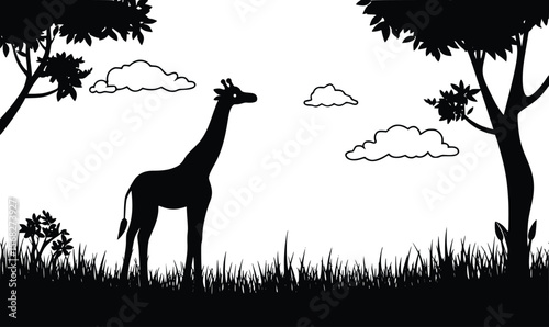Serene African savanna vector: giraffe silhouette, trees, grass
