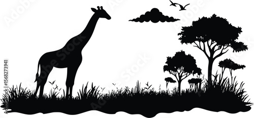 Serene African savanna vector silhouette: giraffe, trees, birds