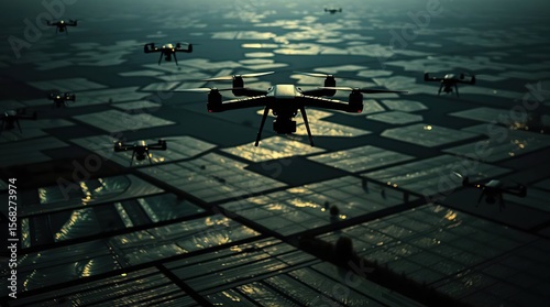 Drone Swarm Over Iridescent Farmland A Chiaroscuro Study