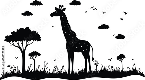 Serene vector giraffe silhouette, African savanna landscape, dark style