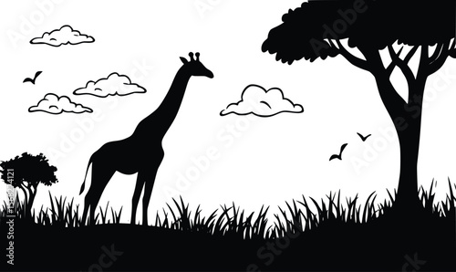 Serene African savanna vector silhouette: giraffe, acacia tree, clouds