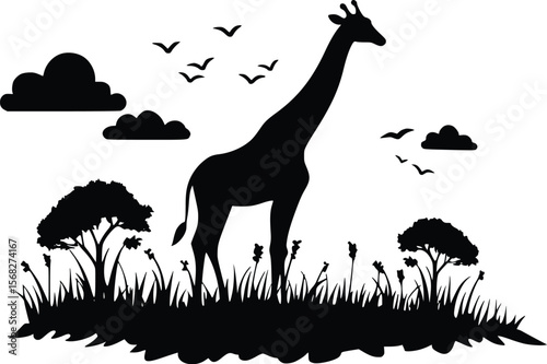Serene African savanna vector silhouette: giraffe, trees, birds