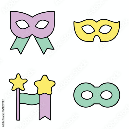 Four simple cartoon masks and star banner carnival