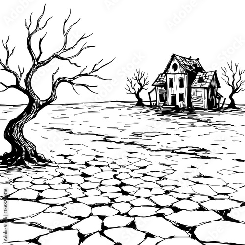 Haunted House and Barren Landscape: A monochrome illustration portrays a spooky haunted house amidst a stark, barren landscape with weathered trees, evoking an atmosphere of foreboding and isolation.