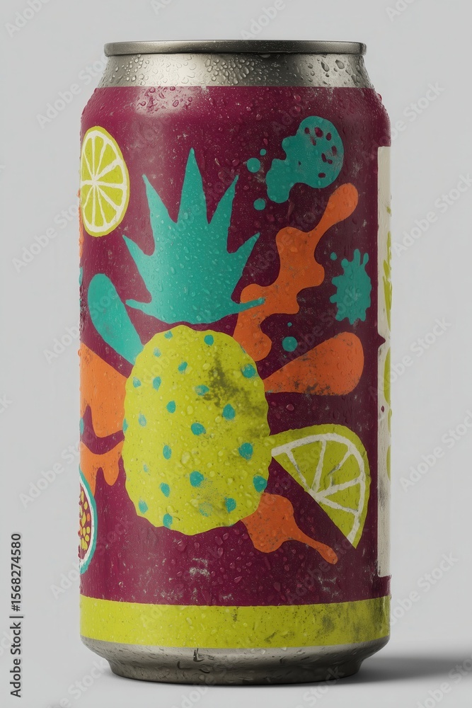 Obraz premium Colorful soda can with tropical fruit illustrations on a neutral background