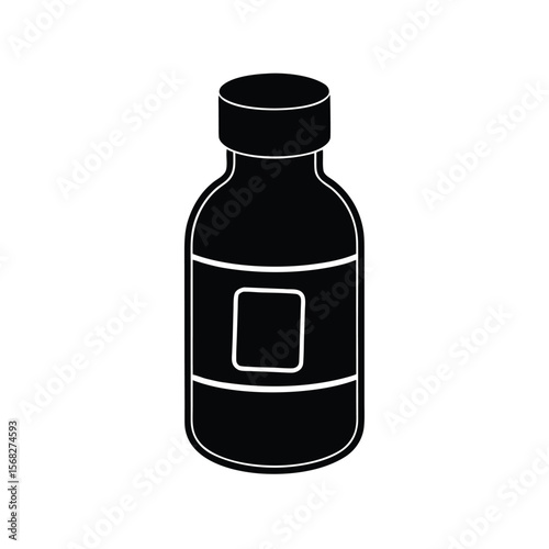 Simple black medicine bottle with label silhouette vector illustration