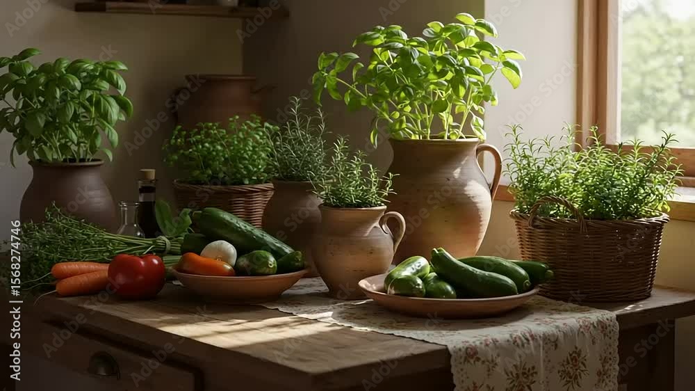 Fresh vegetables and herbs in a rustic kitchen