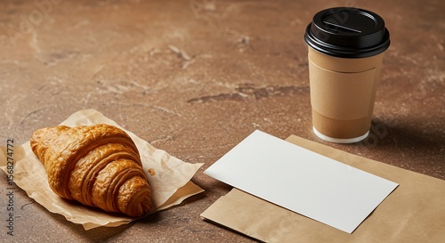 Bakery branding flat lay croissant coffee kraft bag blank menu card on stone background warm lighting sharp detail clean space for logo generative ai

