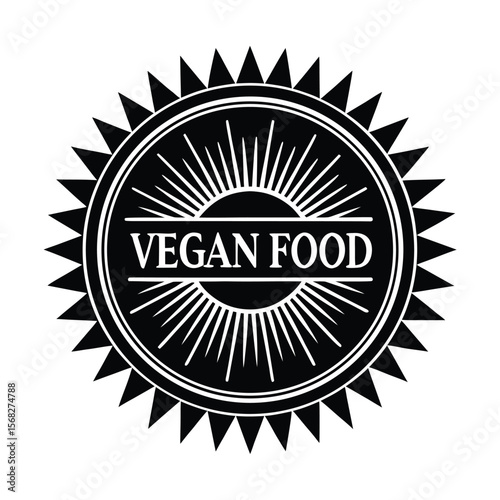 Vegan food label with sunburst and spiky border silhouette vector illustration
