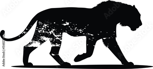 Majestic lion vector silhouette, grunge texture, dark mood illustration