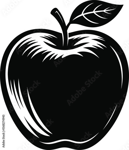 Black Apple Fruit Icon with Leaf

