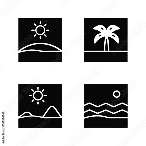 Four Simple Landscape Icons With Sun Palm Tree and Mountains