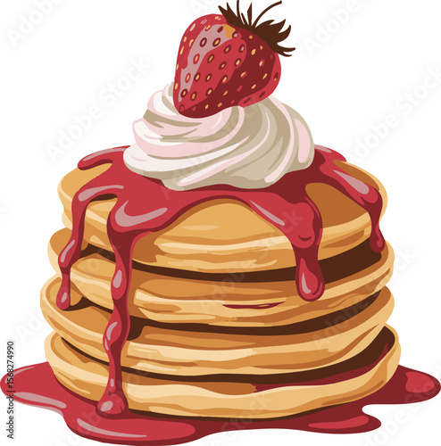 Delicious stack of golden pancakes with syrup and butter illustration