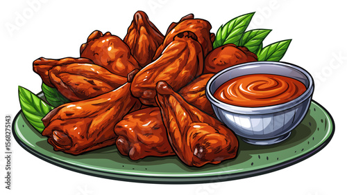 Applewood-Smoked Chicken Wings, close-up and crispy, reveal slightly charred skin with sticky glaze, a side of dipping sauce completing the clean look.