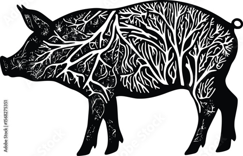Intricate Vector Pig Silhouette:  Nature-Inspired, Dark Artistic Design