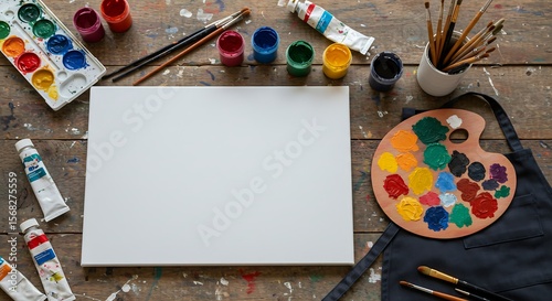 Art studio flat lay with blank canvas palette paint tubes brushes apron on splattered wooden table sharp color detail space for promo generative ai

