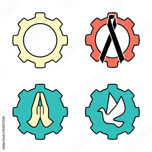Four stylized gear icons with symbolic imagery black ribbon