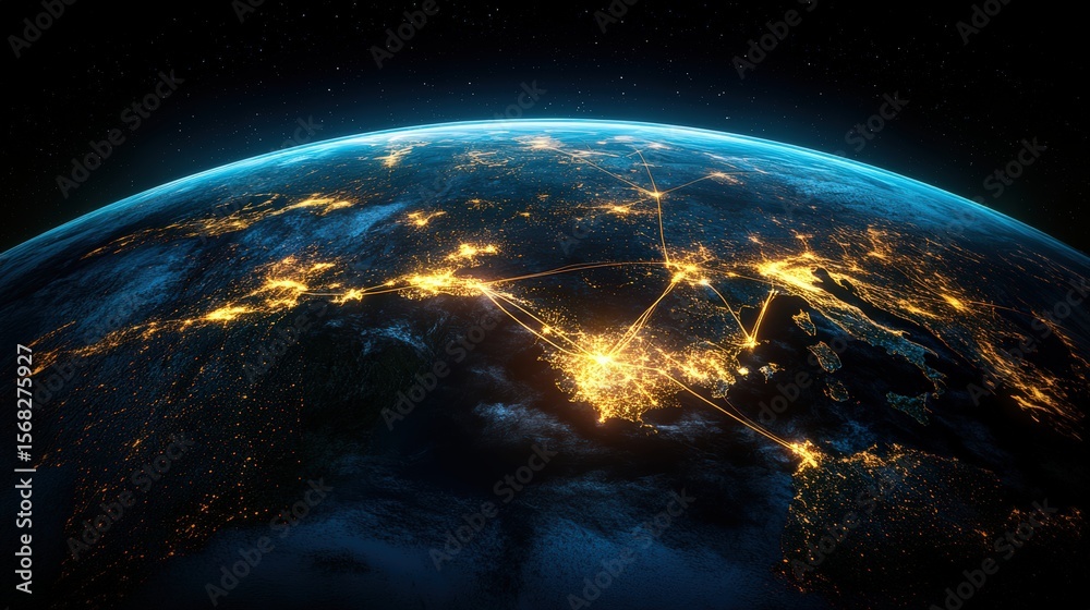 Naklejka premium Stunning view of Earth from space showing city lights, continents, atmosphere, and night sky with star backdrop