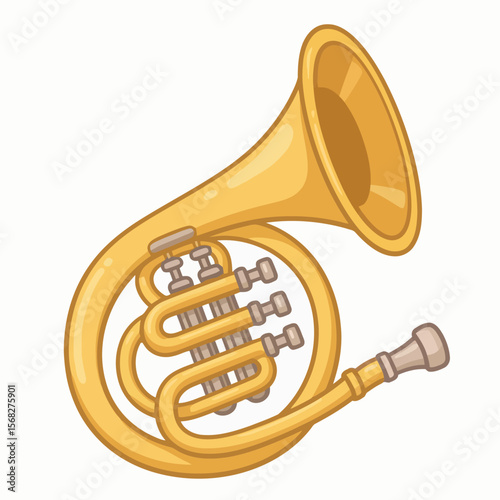 Depiction of a classic gold French horn, an iconic brass instrument with a detailed, ornate design on a clean background.	