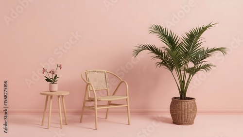 Interior Corner with Pink Wall, Wooden Chair, and Green Palm Plant