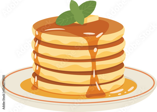 Whimsical illustration of a stack of fluffy pancakes with syrup and berries
