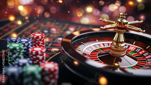Luxurious casino blackjack roulette game with colorful chips golden wheel and vibrant background