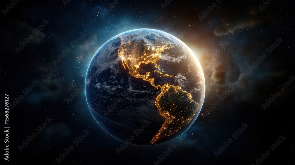 Stunning view of Earth from space showing illuminated continents at night with vibrant city lights and glowing atmosphere Stunning view of Earth from space showing illuminated continents at night with vibrant city lights and glowing atmosphere