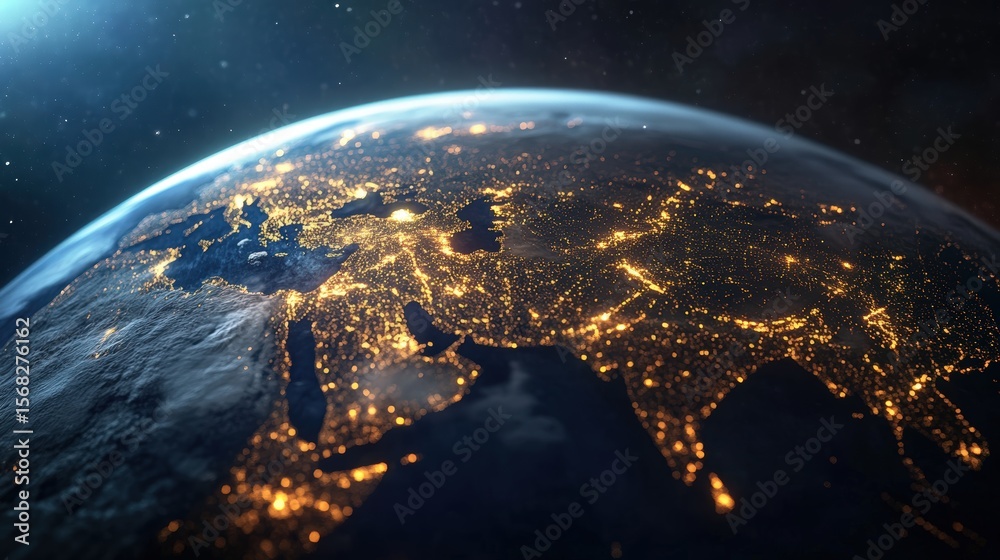 Obraz premium Stunning view of Earth from space showing illuminated continents at night with detailed cloud formations and atmosphere