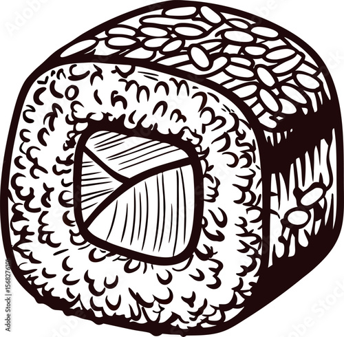 Hand drawn sushi roll sketch with rice, seaweed, and fish filling vintage engraved illustration