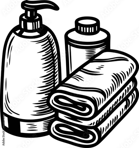 Hand drawn illustration of wellness spa set with folded towels and bottles on white background