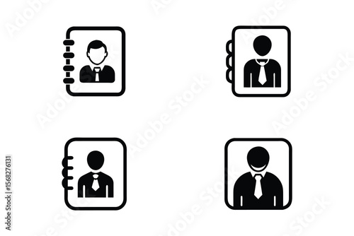 Four simple black and white icons representing contact information address book entries and user profiles with a professional appearance
