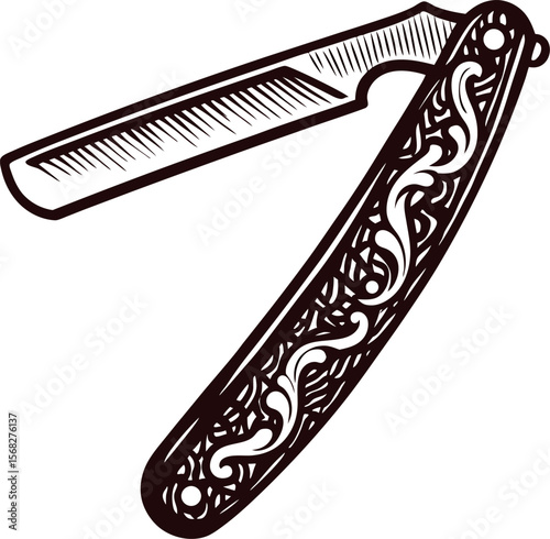 Hand drawn straight razor with ornate handle in vintage engraving style, isolated on white background illustration