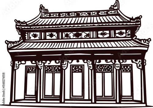 Traditional asian architectural pavilion with ornate details and symmetrical roof design illustration