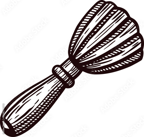 Hand drawn engraving wooden whisk utensil isolated illustration on white background for kitchen tools concept