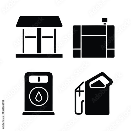 Fuel station icons gas pump fuel can and station roof