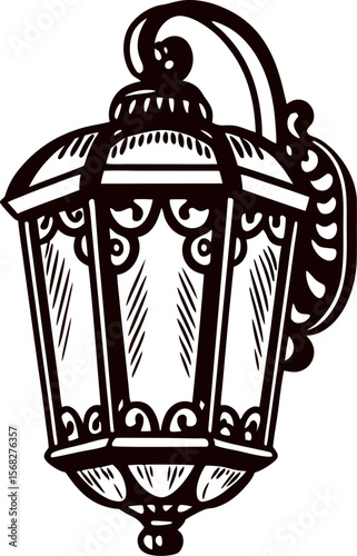Ornate vintage lantern with decorative glass panels and intricate wrought iron design, hand drawn in black and white