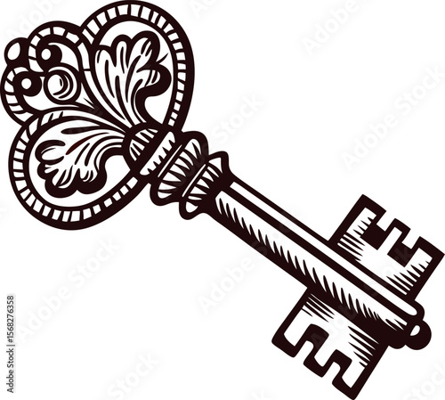 Intricately detailed vintage skeleton key illustration in engraved hand drawn isolated on white background