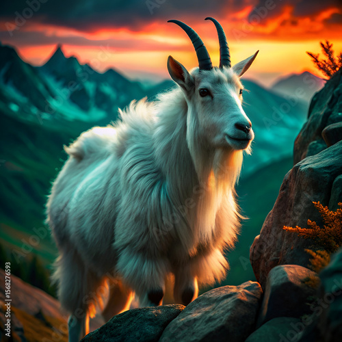 Brown domestic horned mammal grazing on a summer mountain meadow