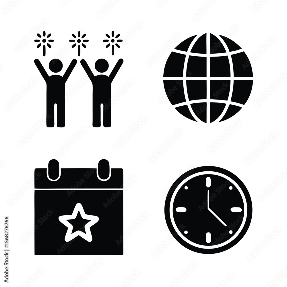 Obraz premium Global New Year Celebration Icons globe fireworks