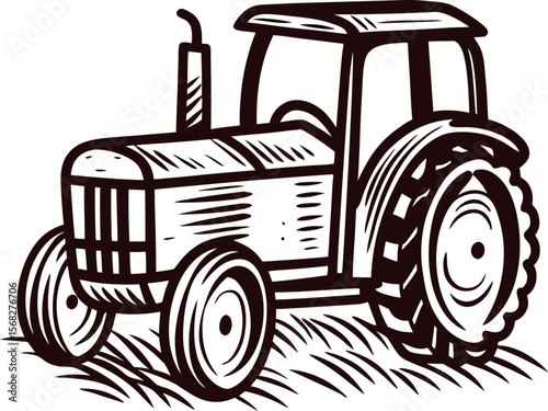 Vintage engraved drawing of farm tractor driving on field with stylized grass illustration