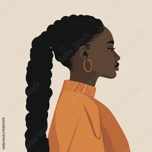 African woman with long Senegalese twists, neutral tones, minimalist design vector illustration