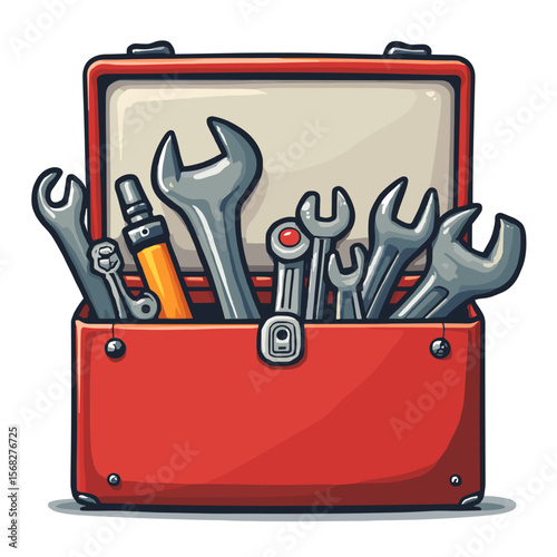 Red toolbox filled with metal tools, wrenches, and screwdriver, cartoonish design
