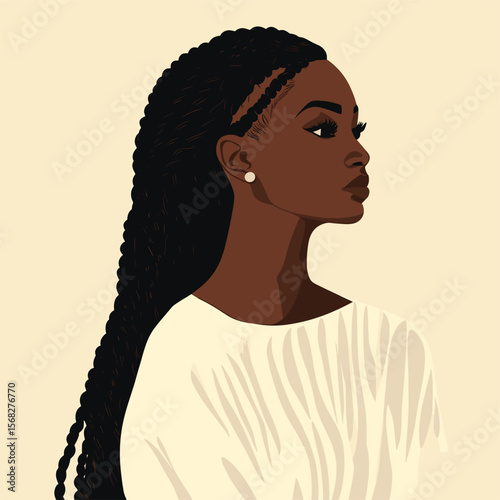African woman with long Senegalese twists, neutral tones, minimalist design vector illustration
